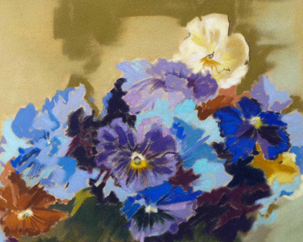 Pastel of a bunch of blue, violet and red pansies against an ochre ground