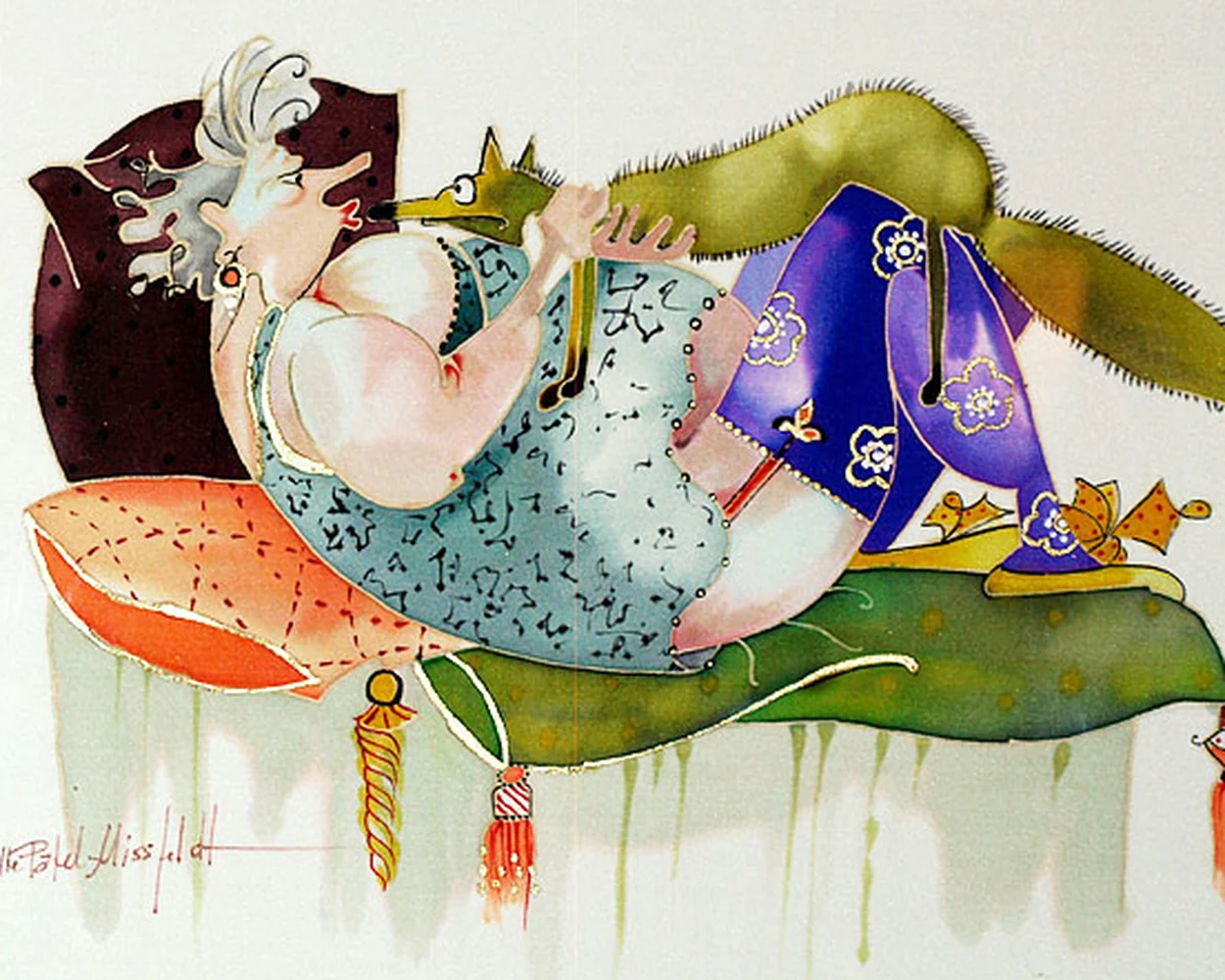 Silk painting of a reclining woman in a turquoise dress and crown, surrounded by green leaves and tassels