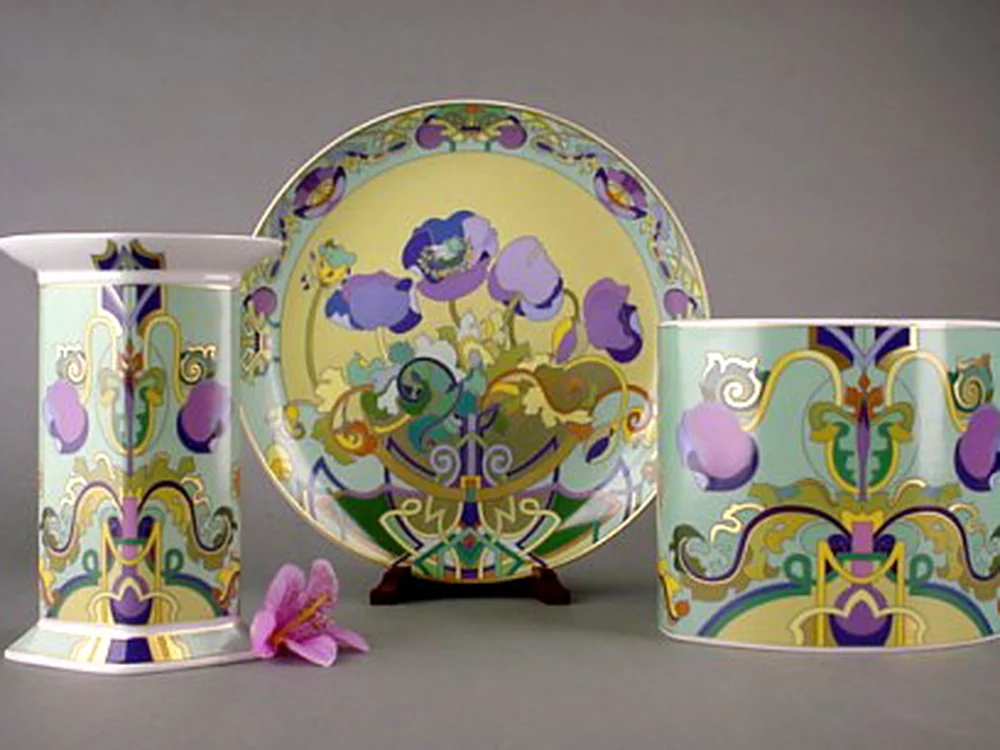 Three-piece porcelain set in violet, yellow and turquoise with ornamental Jugendstil decoration