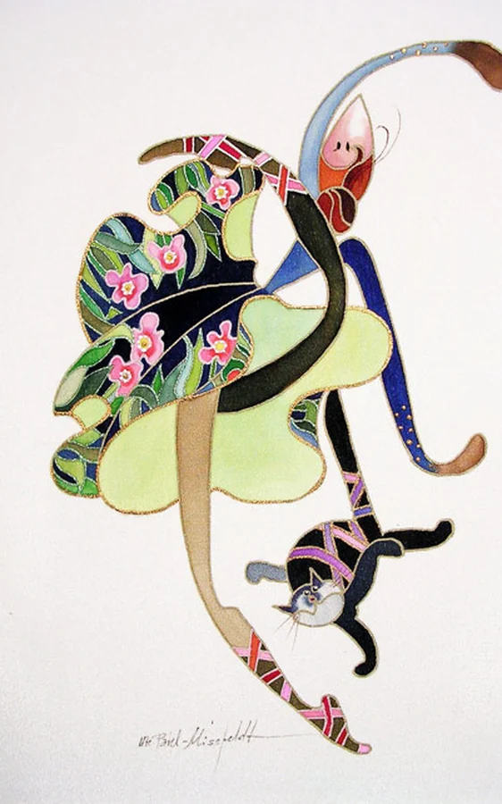 Silk painting of a dancing woman in a flowered skirt, a black and white cat leaping at her feet