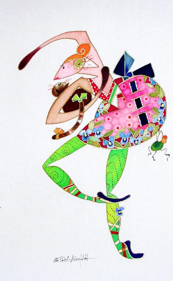 Silk painting of a woman in pink and green holding a cat, a beetle hovering beside her