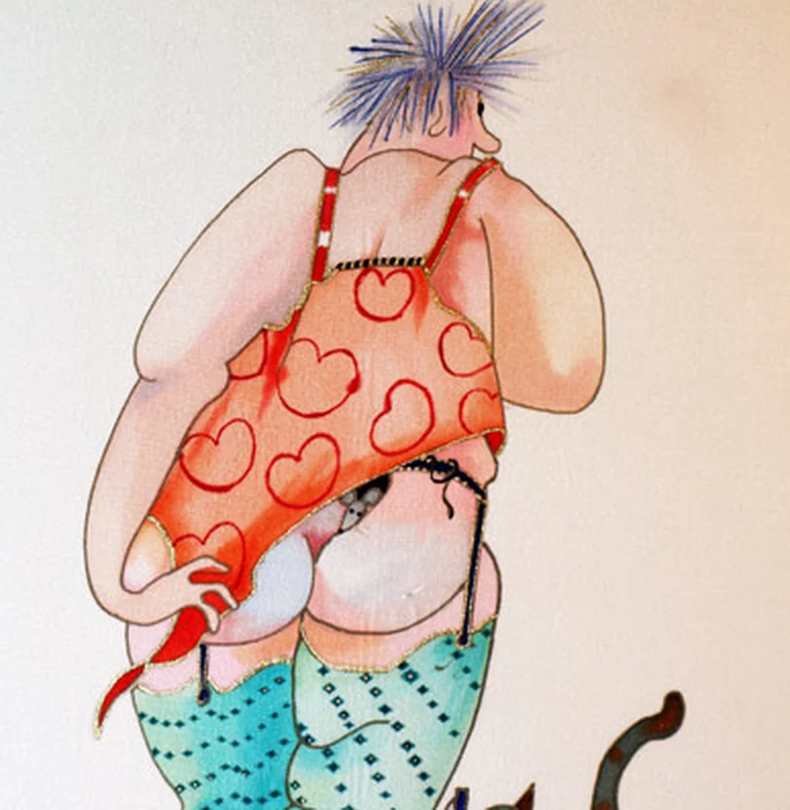 Silk painting of a woman seen from behind in a heart-patterned camisole, a cat tail at the edge