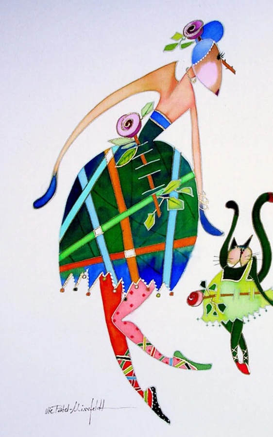 Silk painting of a woman in a green checked dress, a cat beside her in a little green skirt of its own