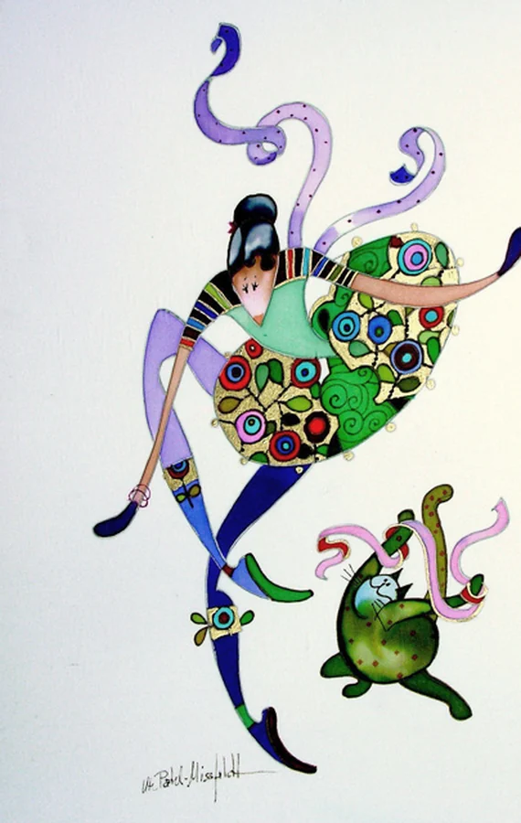 Silk painting of a dancer in a blue-green dress with violet tendrils, a green cat beside her