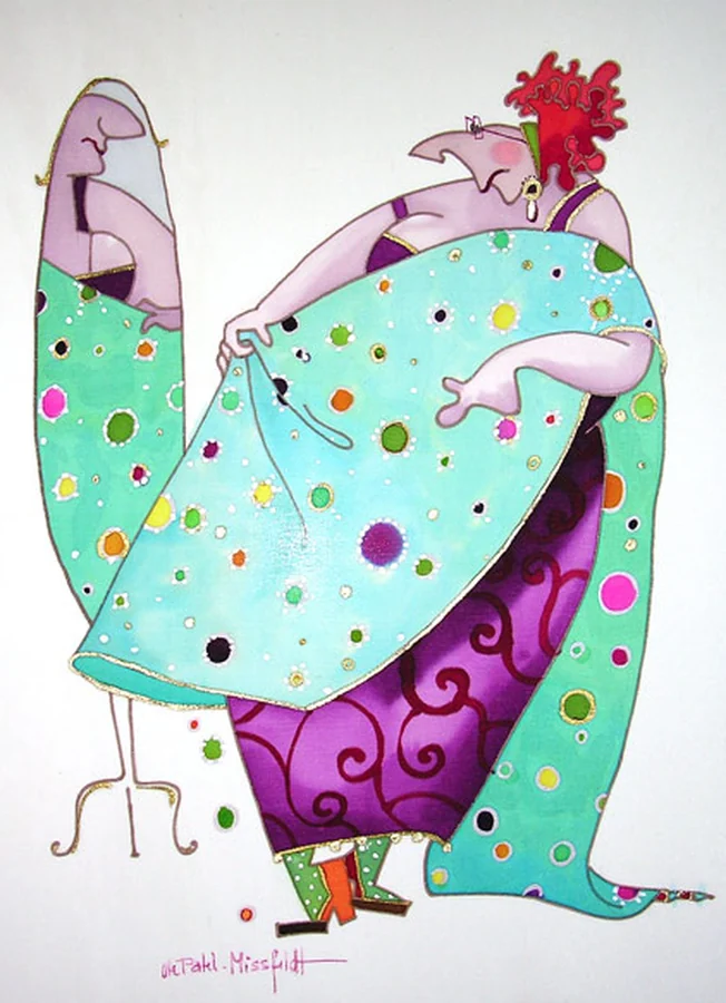 Silk painting of a woman in a turquoise spotted wrap over a violet dress, standing before a screen