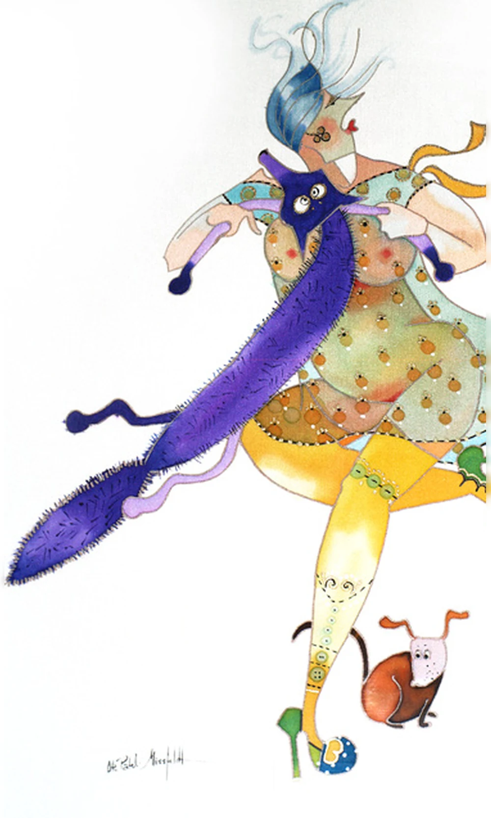 Watercolour of a blue-haired woman with a violet feather boa, a dog at her feet