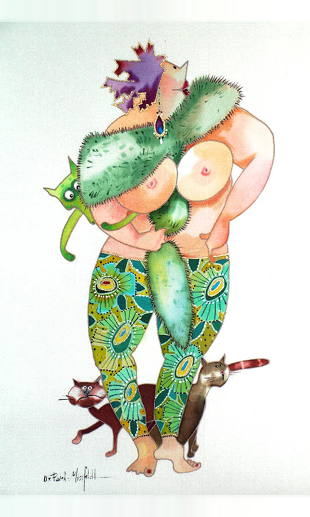 Watercolour of a woman in flower-patterned trousers and a green hat, two cats winding round her legs