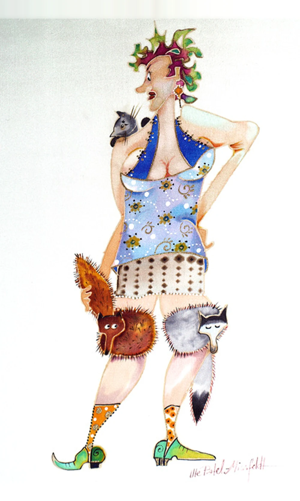Watercolour of a woman in a blue camisole with a cat on her shoulder and two more in her arms