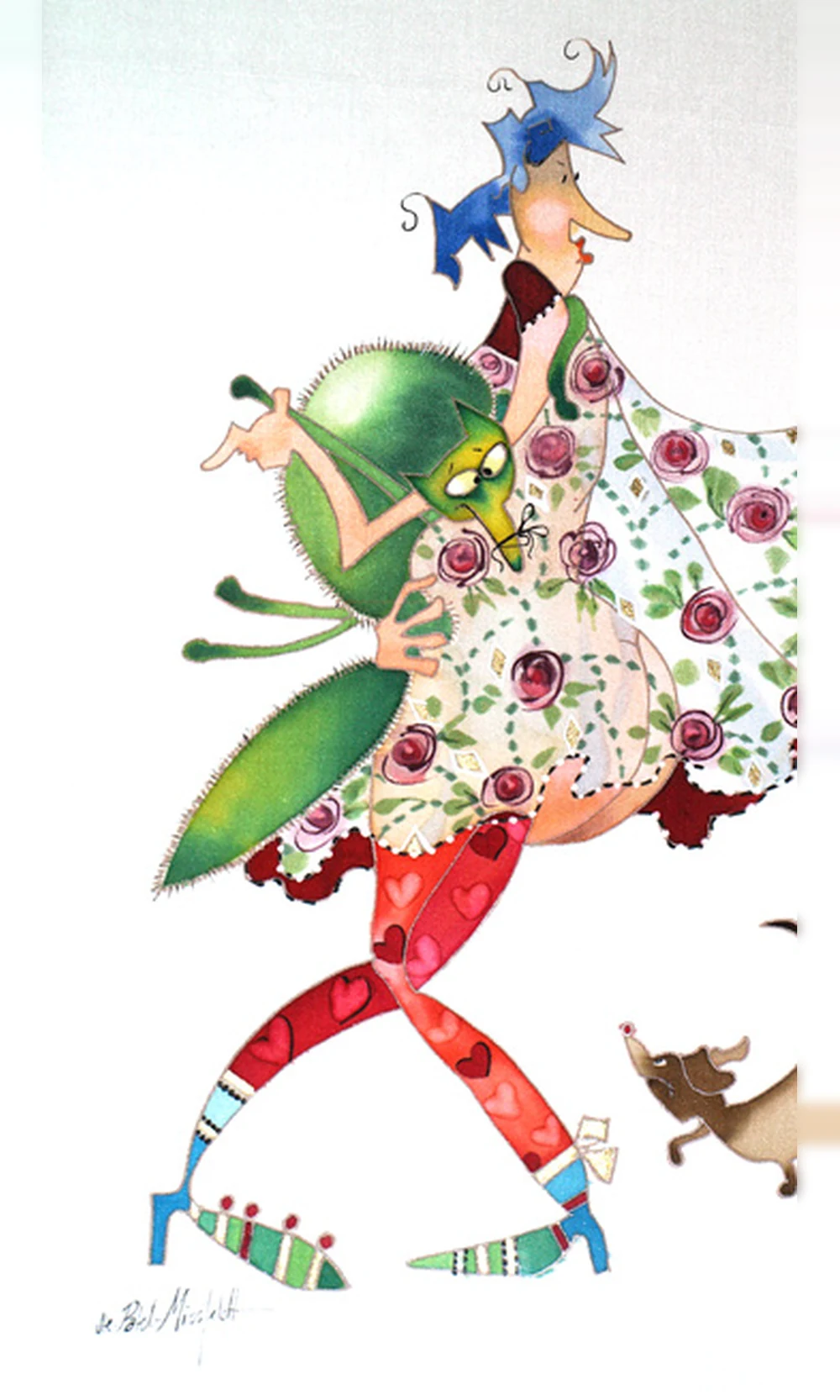 Watercolour of a woman dancing in a rose-printed dress and green cape, a dog leaping beside her